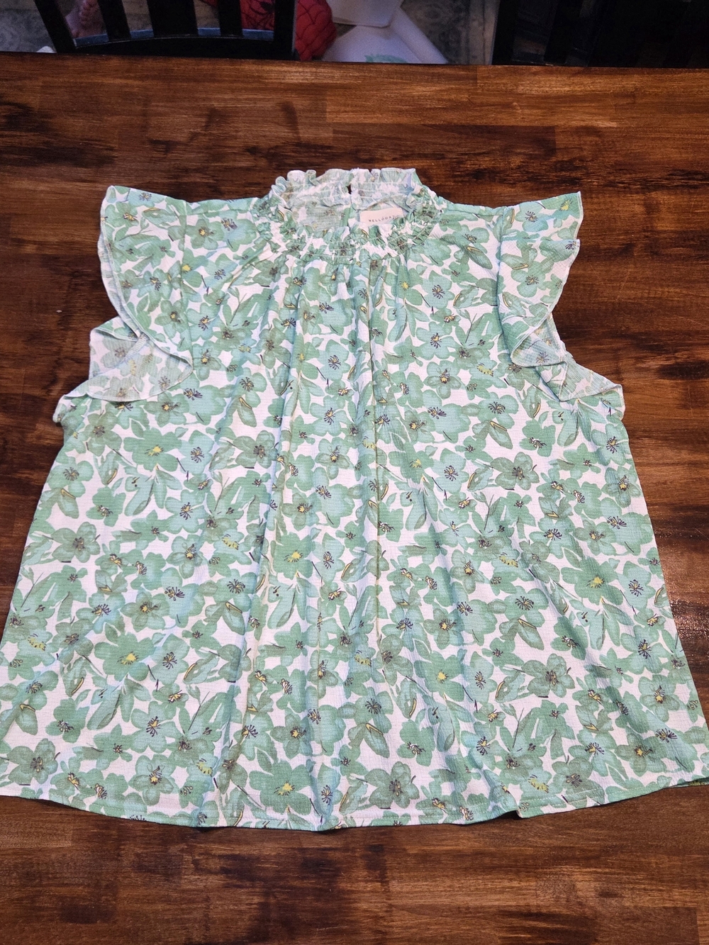 Melloday Womens Blue Floral Flutter Sleeve Top XL Spring Whimsical Cottagecore